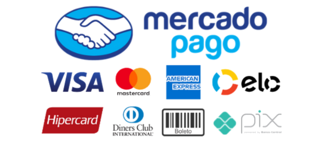 Formas de pagamento: Mercado Pago, Visa, Mastercard, American Express, Elo, Hipercard, Diners Club, Boleto e Pix